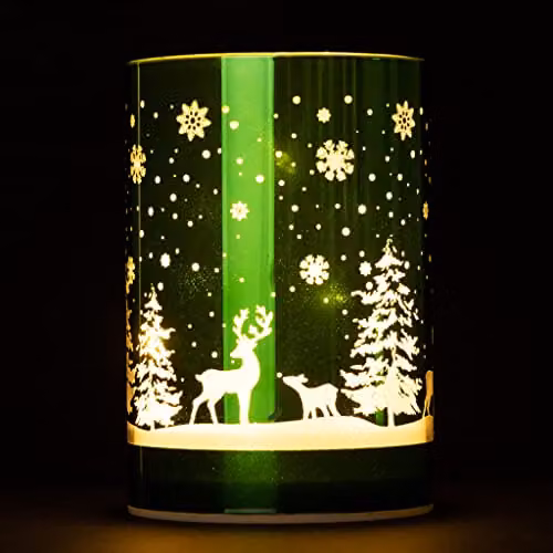 Shatchi Christmas Decorated Etched Glass Vase Table Lamp with Forest Scene, Green, H 13 cm – 3