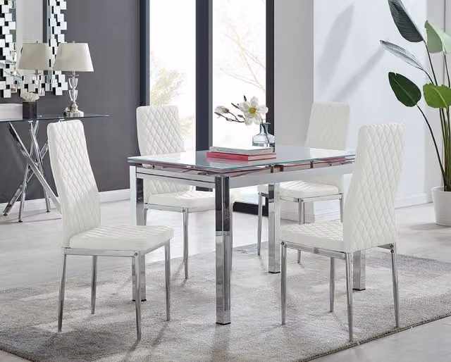 FurnitureboxUK Enna White Glass Extending 4-6 Seater Dining Table and 4 Milan Faux Leather Chairs – 1