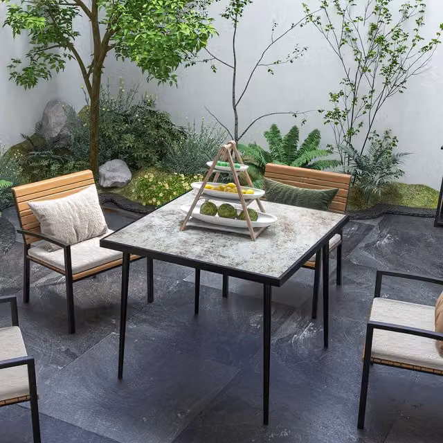 Outsunny Modern Square Outdoor Dining Table for 4 with Grey Marble Effect Top
