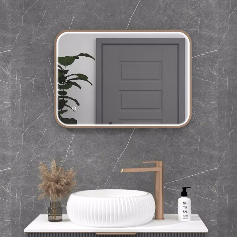Royal Bathrooms Luxor Rectangular Illuminated LED Mirror with Brushed Bronze Frame, Touch Sensor and Demister Pad, W: 50 cm, H: 70 cm