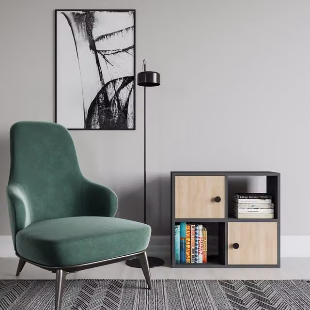 Decorotika Tasso Bookcase with Cabinets in Anthracite and Oak, W: 62.6 cm, H: 94.0 cm, D: 62.6 cm