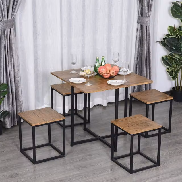 HOMCOM 5 Piece Industrial Boxy Table and Stool Set in Black and Brown