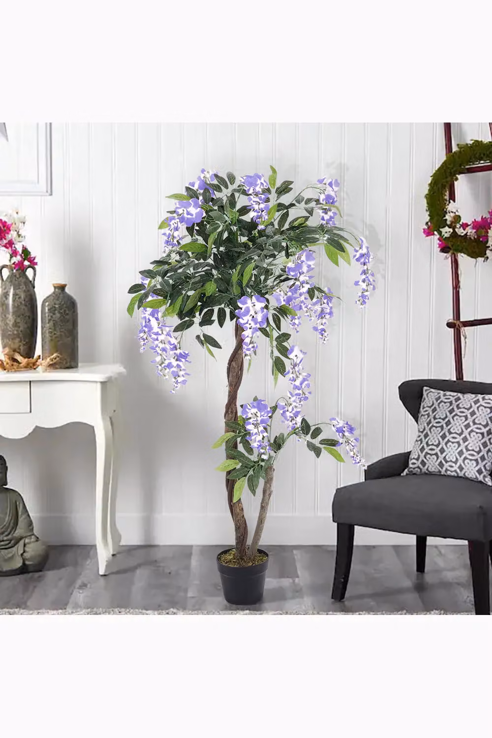 Living and Home 120cm Artificial Wisteria Flower Tree in Purple, Green and Beige with Natural Pot – 2