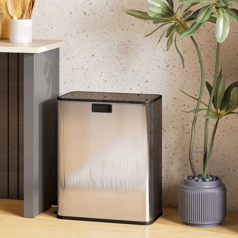 STILVORA Dual Compartment Stainless Steel Kitchen Pedal Bin with Soft Close and Removable Inner Buckets, Silver, 2 x 28L – 2