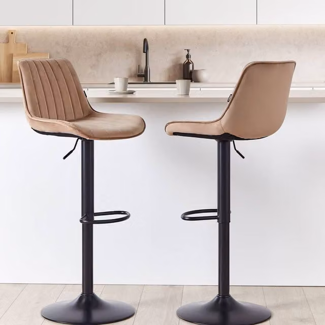 Wyld and Coco Set of 2 Light Brown Velvet Swivel Bar Stools with Height Adjustment – 1
