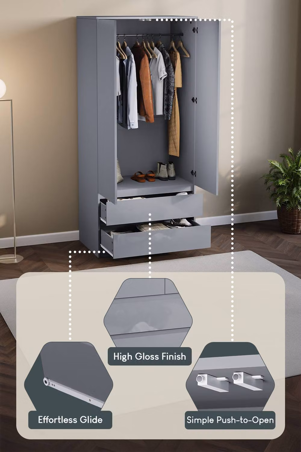 HD Designs Glinton High Gloss 2 Door 2 Drawer Wardrobe in Grey – 4