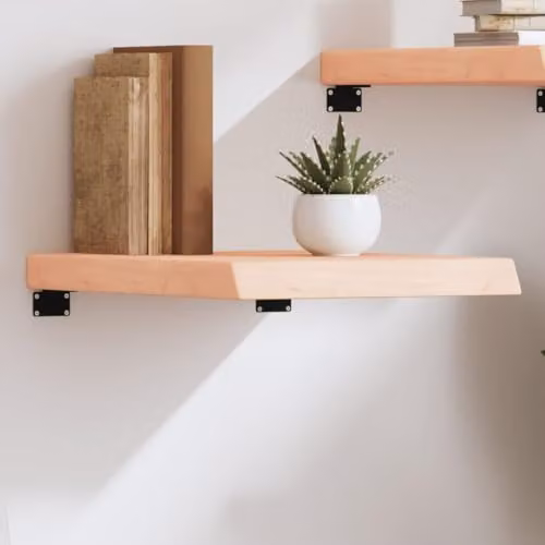 vidaXL Wall Shelf in Untreated Solid Oak Wood, Brown, W: 40 cm, H: 60 cm, D: 2-6 cm – 2