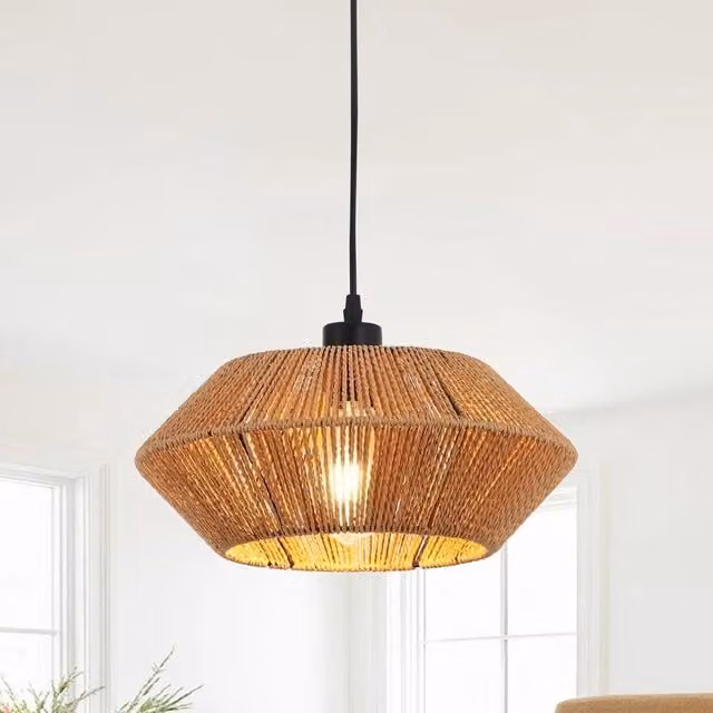 Garwarm Single Pendant Light in Matte Black and Brown Rattan – 1