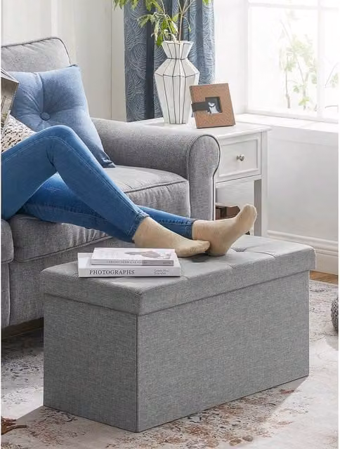 SONGMICS Grey Fabric Storage Ottoman Bench and Folding Foot Rest Stool