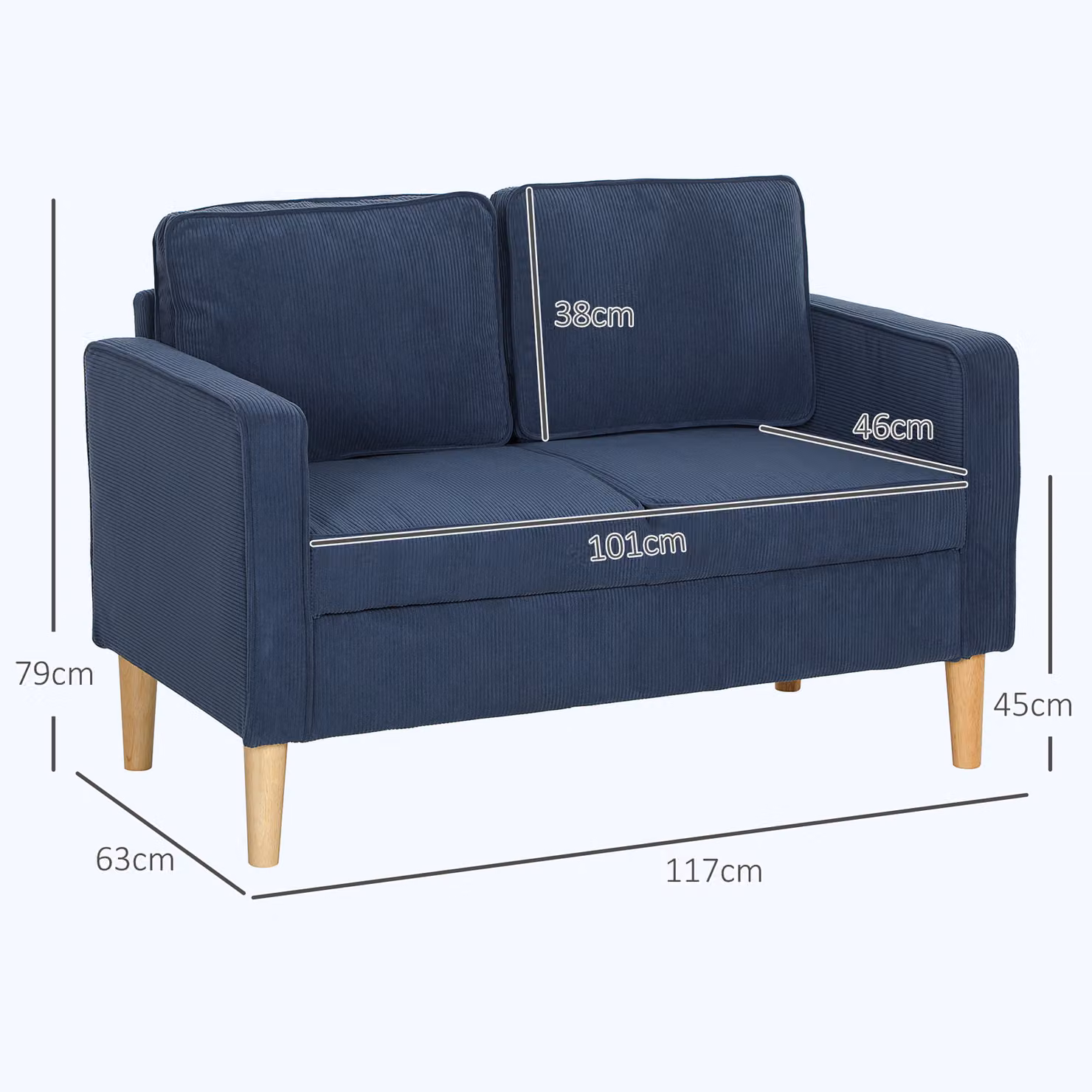 HOMCOM Small Two-Seater Corduroy Sofa in Blue with Solid Wood Frame and Removable Covers – 3