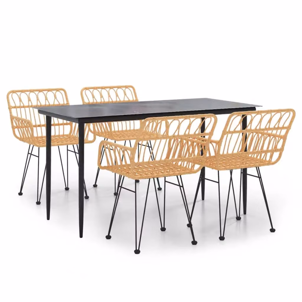 Berkfield Home 5 Piece Brown Poly Rattan Garden Dining Set with Glass Top and Powder Coated Steel Frame – 2