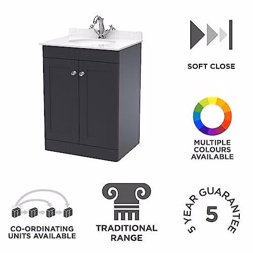 nuie Classique CLC1425WR1 Floor Standing 2 Door Bathroom Vanity Unit with Marble Worktop and Round Basin in Satin Anthracite and White – 2