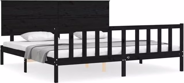 Berkfield Home Solid Wood Pine Bed Frame with Headboard in Black, 200 x 200 cm