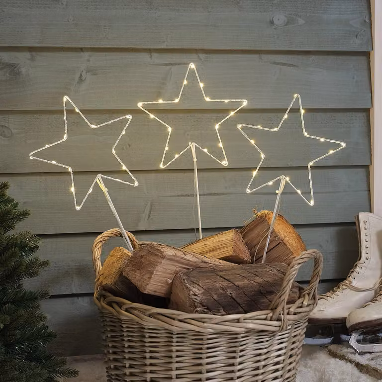 3 White Metal Star LED Garden Stake Lights with Warm White Glow