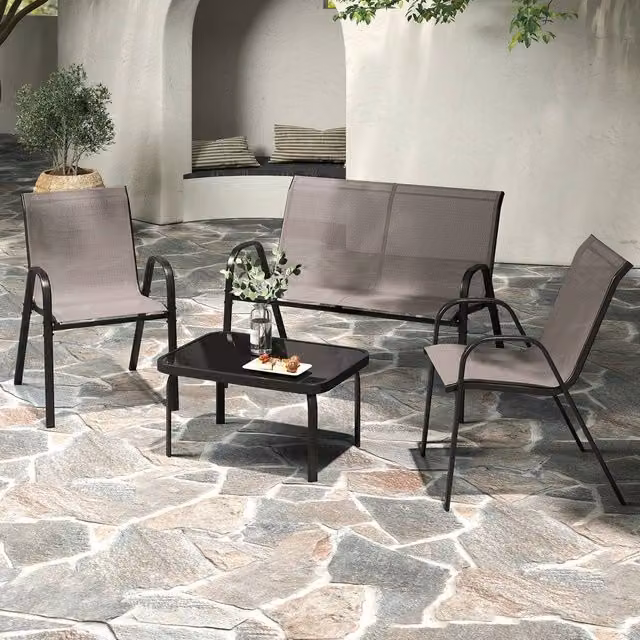 Costway 4-Piece Grey Outdoor Patio Furniture Set with Metal Frame, 2-Seater Sofa, Armchair and Coffee Table – 1
