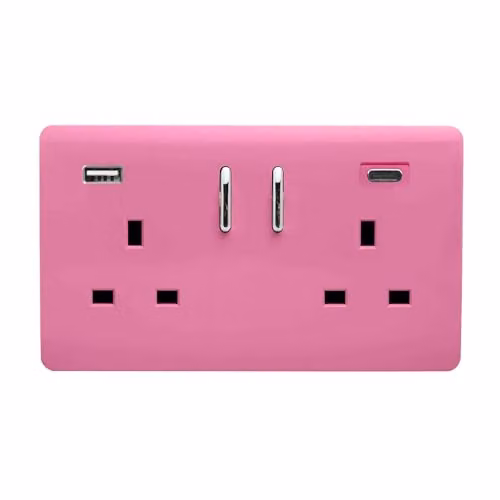 Trendi 2 Gang 13 Amp USB Switched Plug Socket with Type A and C Ports, Pink – 2