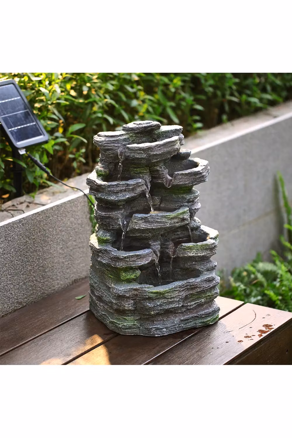 Living and Home Solar-Powered Faux Rockery Garden Water Fountain with Lights in Grey and Green, W/D/H: 45 x 28 x 45 cm – 2