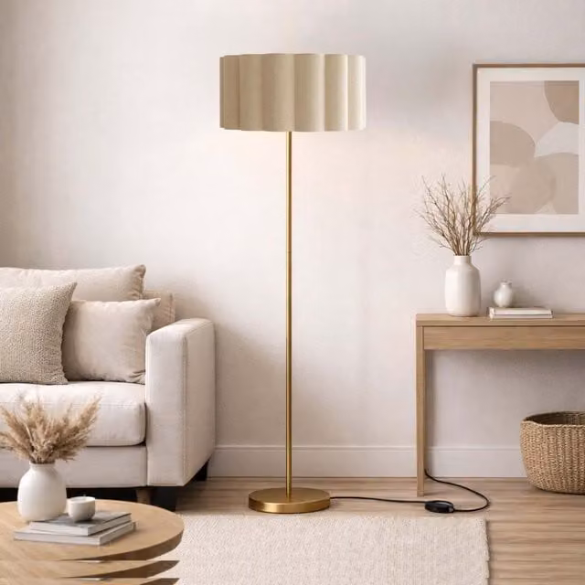 CGC Lighting Lena Brushed Gold Floor Lamp with Large Scalloped Beige Fabric Lampshade, Height: 163 cm
