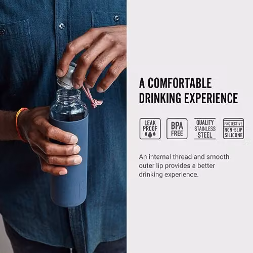 Black + Blum Borosilicate Glass Water Bottle with Protective Sleeve and Carry Loop, Slate Grey, 600ml – 4