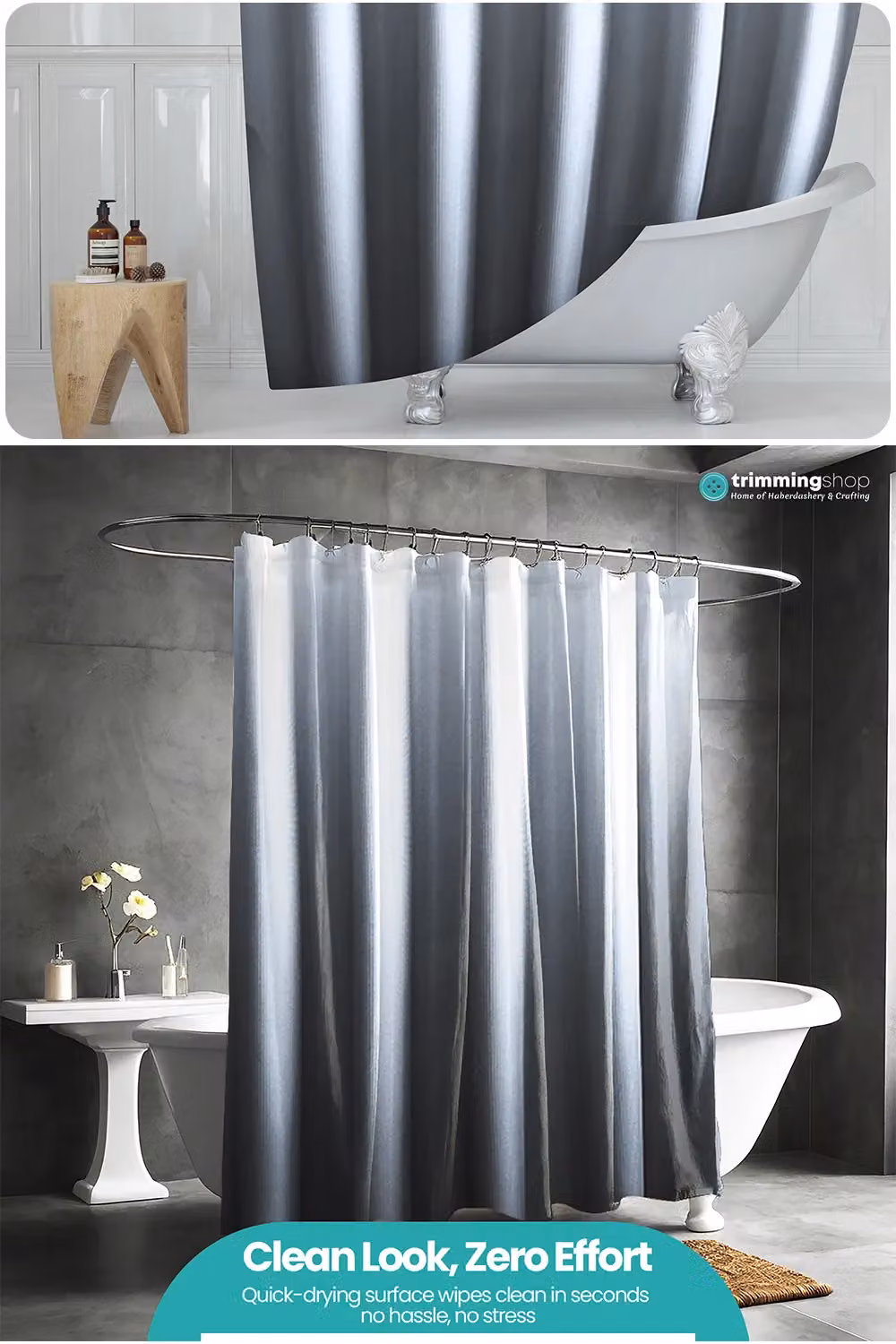 Neel Blue Gradient Colour Bathroom Shower Curtain in Blue and Grey with 12 Hooks, Mould Resistant, W: 180 cm, H: 200 cm – 5