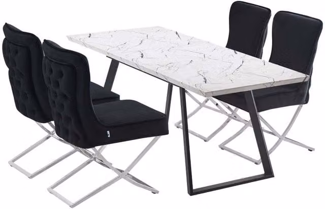 Life Interiors Toga LUX Extendable Rectangular Dining Set with Marble Table and 4 Chairs in Black and White