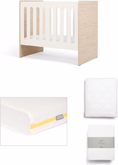 Mamas & Papas Vyne Mini Cot with Essential Airflow Fibre Mattress and Sheets 4 Piece Set - White/Oak