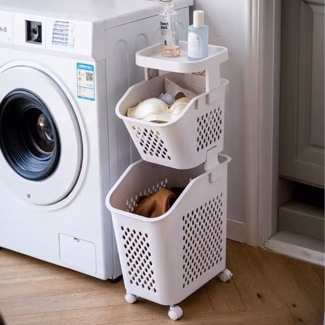 Lifeideas Multi Tier Laundry Baskets with Wheels and Rack, White, Height: 75 cm