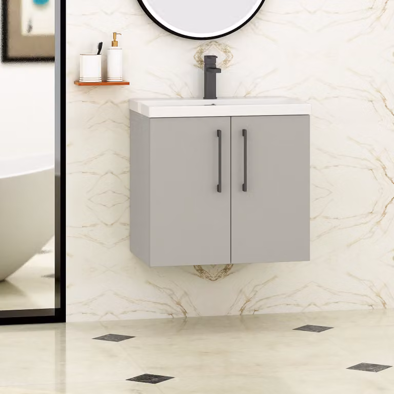 Royal Bathrooms Modena 800mm Wall Hung Vanity Unit in Satin Grey with Mid-Edge Basin and Black Handles