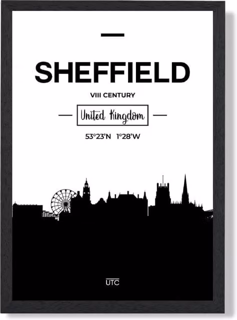 ARTZE Sheffield Black and White City Skyline Framed Print, A4, Black Frame – 1