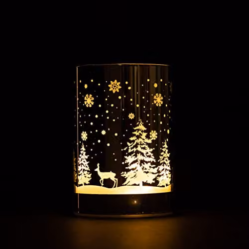 Shatchi Silver Christmas Forest Scene Etched Glass Vase Table Lamp with LED Fairy Lights – 3
