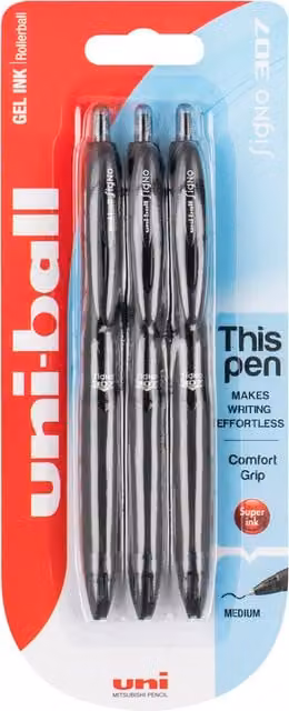 Uniball Signo UMN-307 Black Gel Pens, Pack of 3
