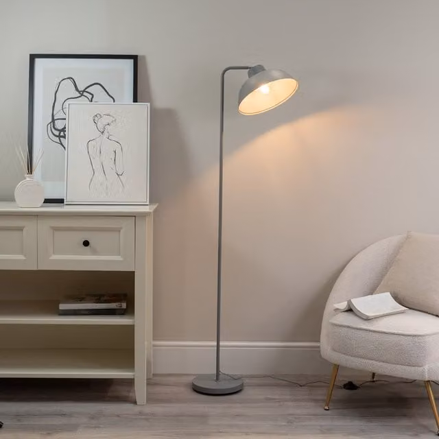 ValueLights Morris Mid-Century Floor Lamp with Angled Metal Dome Shade and LED Bulb, Grey