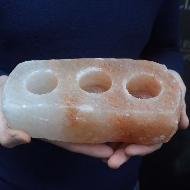 KDMK Natural Stone Tealight Candle Holder, 3 Holes, Orange and Pink, Rectangular Tabletop Design