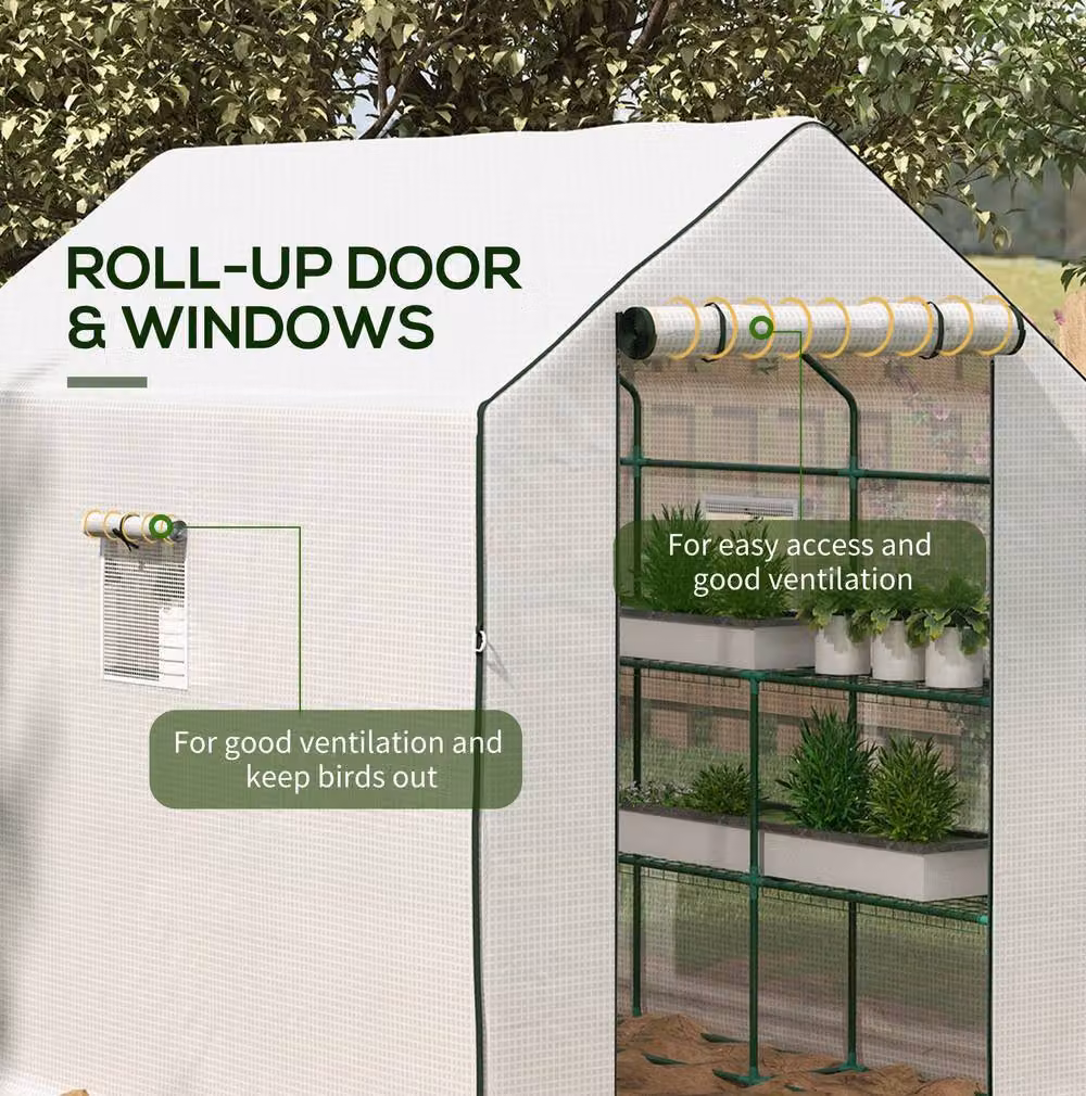 STILVORA Walk-in Greenhouse with 12 Shelves and Roll-up Door, White, H: 213 cm, W: 140 cm, D: 140 cm – 5