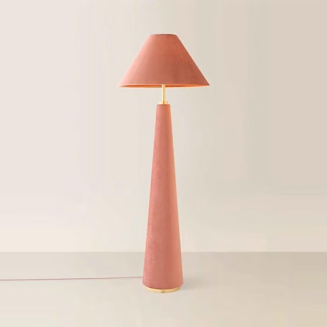 ValueLights Martha Velvet Midi Floor Lamp with Conical Fabric Shade in Dusty Pink and Gold