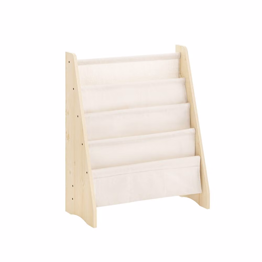 SoBuy Minimalist Kids Bookcase with 4-Tier Fabric Pocket Storage in White and Beige – 2
