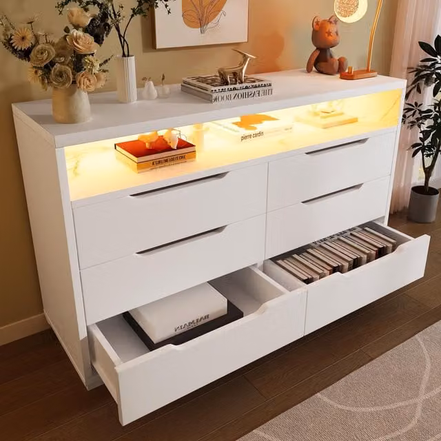 Aosom Modern Marbled Sideboard with 6 Storage Drawers and RGB LED Lighting, White, W: 120 cm, D: 40 cm, H: 85 cm