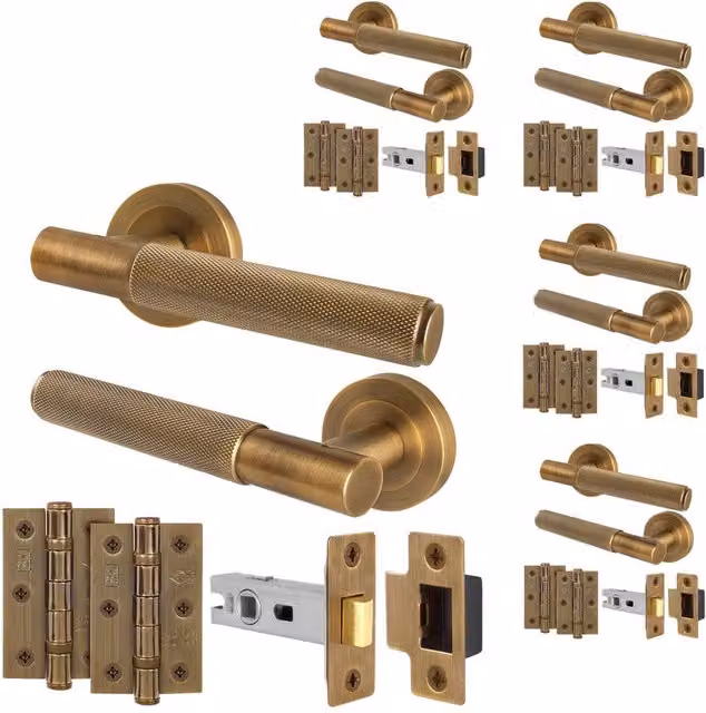 AFIT Antique Brass Knurled Lever Handles with Rose, Latch and Hinges, 5 Pairs, Bronze – 1