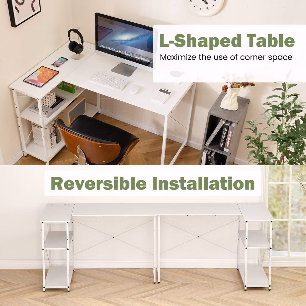 Costway L-shaped Computer Desk with Power Outlet and Reversible Shelves in White – 4
