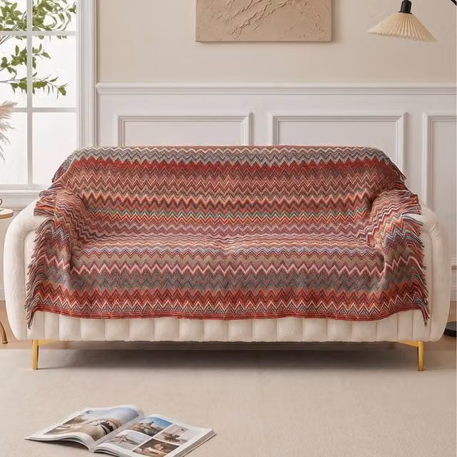 Livingandhome Red and Multicolour Striped Boho Knitted Throw Blanket with Fringes