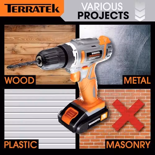 Terratek 18V Cordless Drill Set with 13-Piece Kit and Rechargeable Battery in Orange and Grey – 4