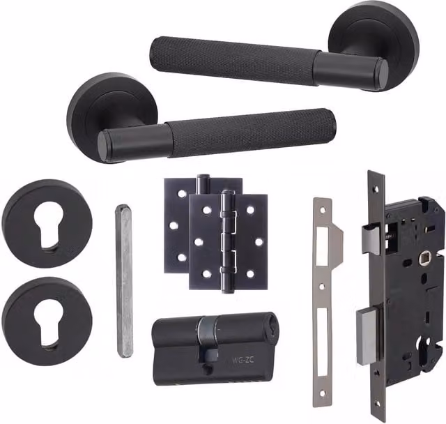Golden Grace Matt Black Knurled T-Bar Euro Lock Door Handles Set with Barrel Key