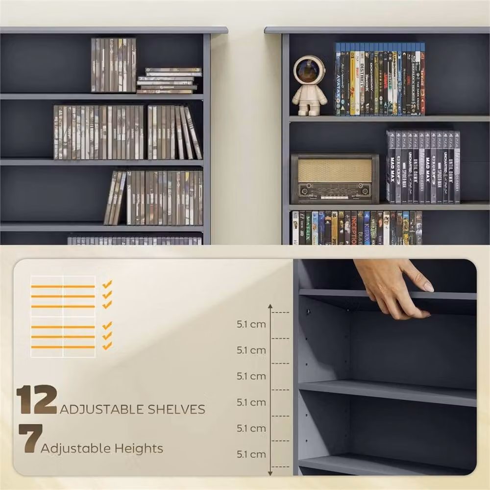 EONLION Grey CD and DVD Storage Unit with Adjustable Shelves and Media Compartments, Width: 100 cm – 3