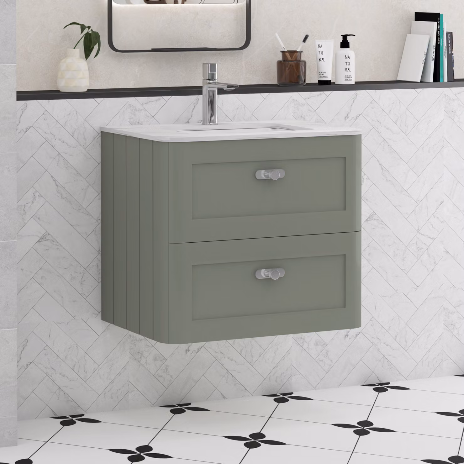 Royal Bathrooms Henley 600mm Sage Green Wall Hung 2 Drawer Vanity Unit with Carrara White Stone Top and Chrome Knob