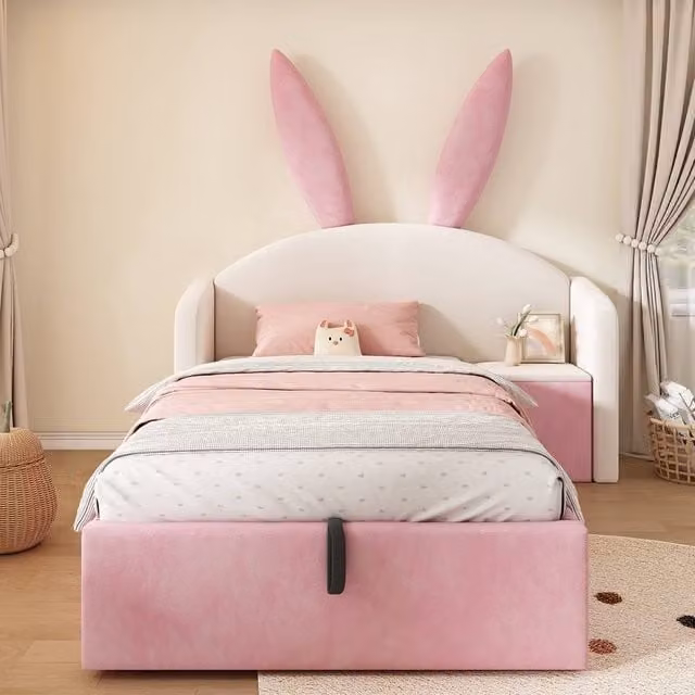 Merax Pink Bunny Ears Kids Ottoman Bed with Nightstand, Single Size, W: 90 cm x L: 190 cm – 1