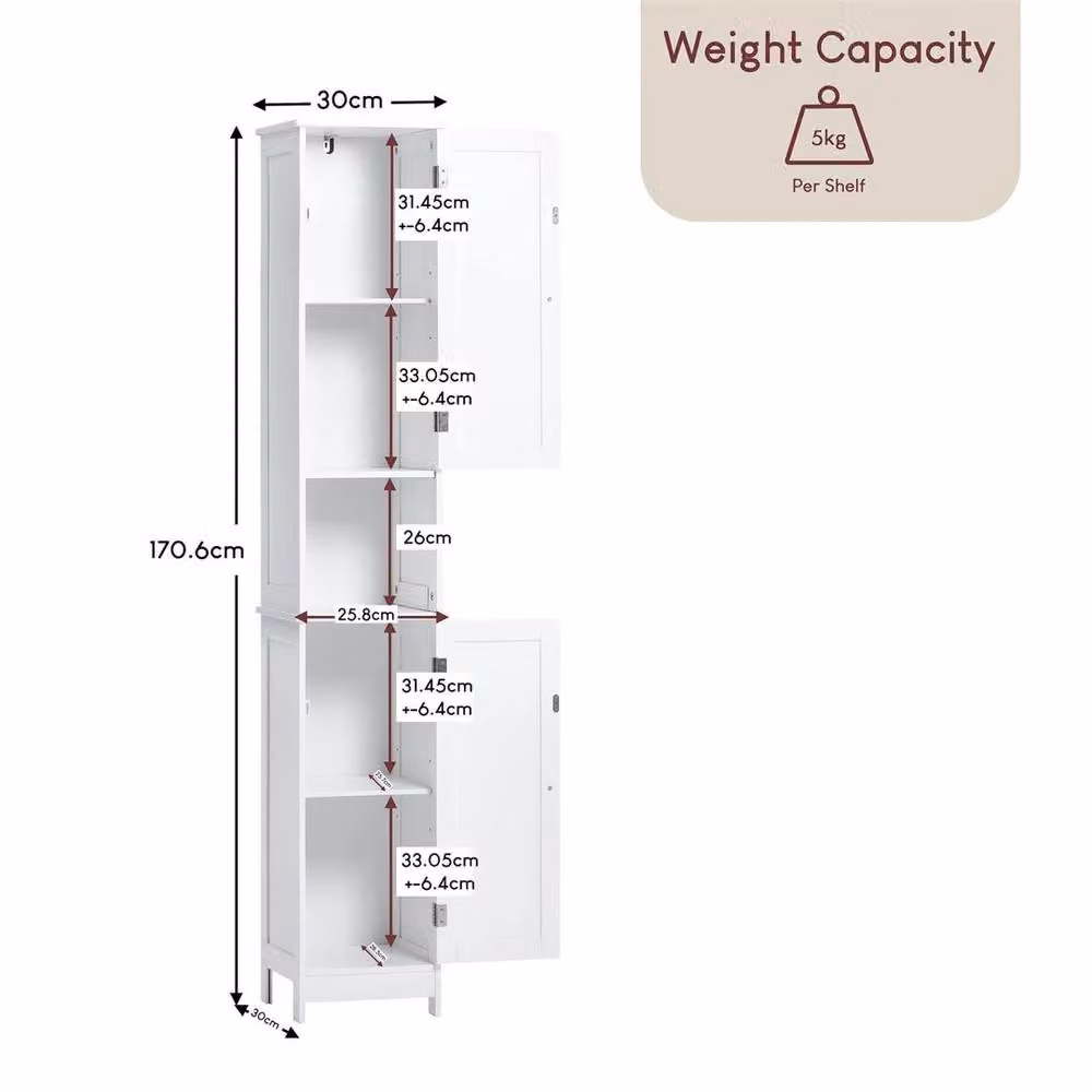 SPETLEK White 2 Door Tallboy Bathroom Floor Cabinet with Internal Shelves, H 180 cm x W 76 cm – 2