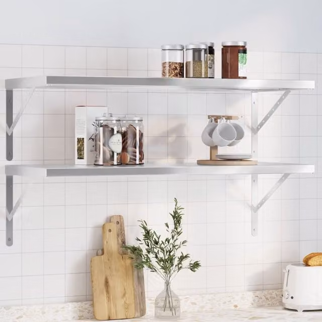 Berkfield Home Set of 2 Modern Wall Mounted Metal Shelves, Silver, W: 100 cm, D: 40 cm