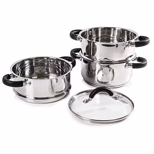 Tower T80836 3-Tier Stainless Steel Steamer with Tempered Glass Lid and Encapsulated Base, Silver – 1