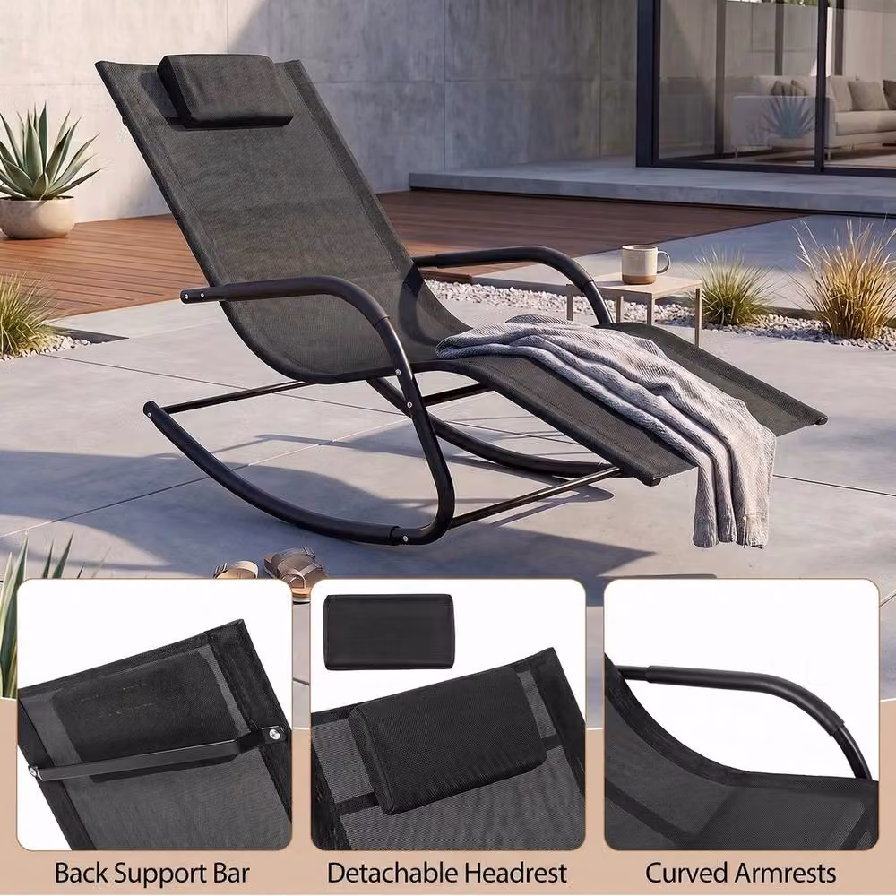 FORGEVIO Black Outdoor Rocking Chair with Textilene Fabric and Metal Frame for Garden or Patio – 4