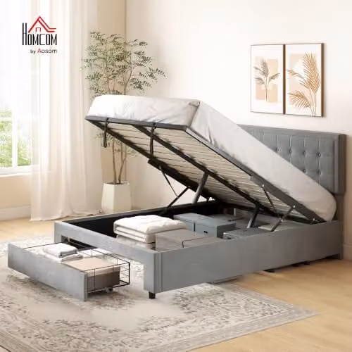 HOMCOM Upholstered Velvet Ottoman Double Bed with Lift-Up Storage in Grey, W: 140 cm x D: 190 cm – 3